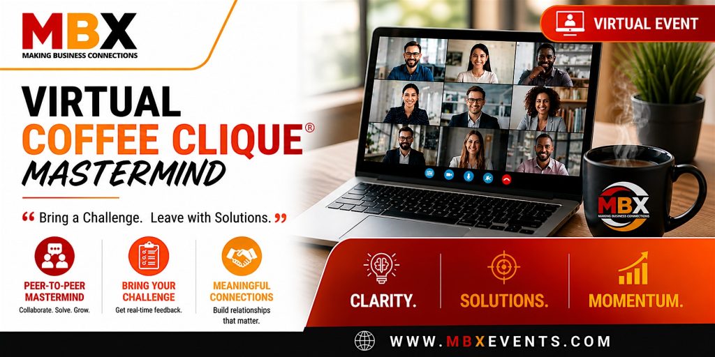 MBX Virtual Event banner featuring a laptop video call, MBX mug, and the headline 'Virtual Coffee Clique Mastermind'.