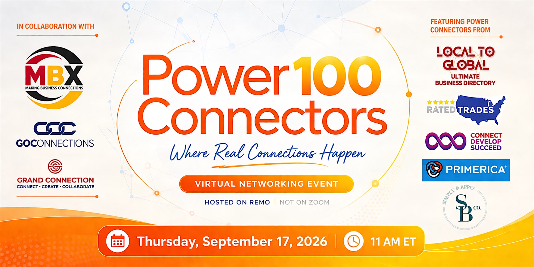 Promotional banner for Power100 Connectors virtual networking event with sponsor logos on the left and partners on the right.