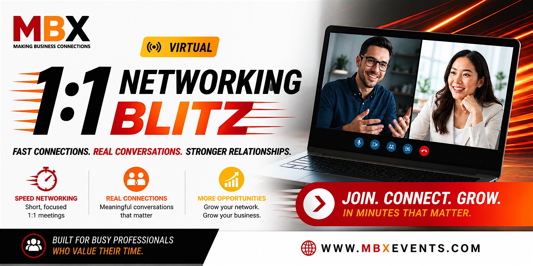 MBX 1:1 Networking Blitz banner with a laptop video call and 'Join. Connect. Grow.' message across a red arc background (virtual event).