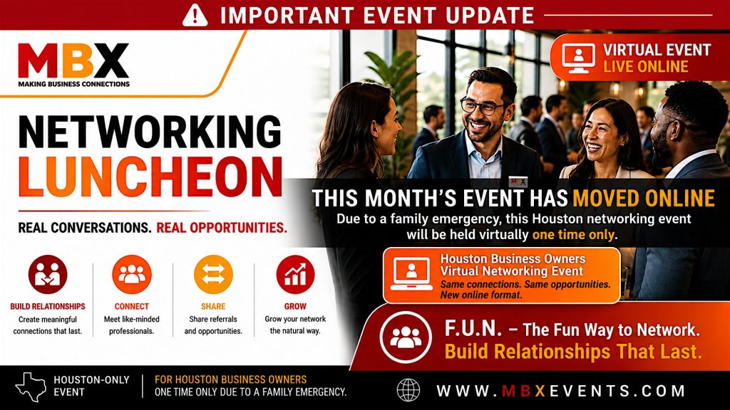 Banner ad for MBX Networking Luncheon announcing the event update that it has moved online, showing a group of professionals networking and chatting in a vibrant event setting.