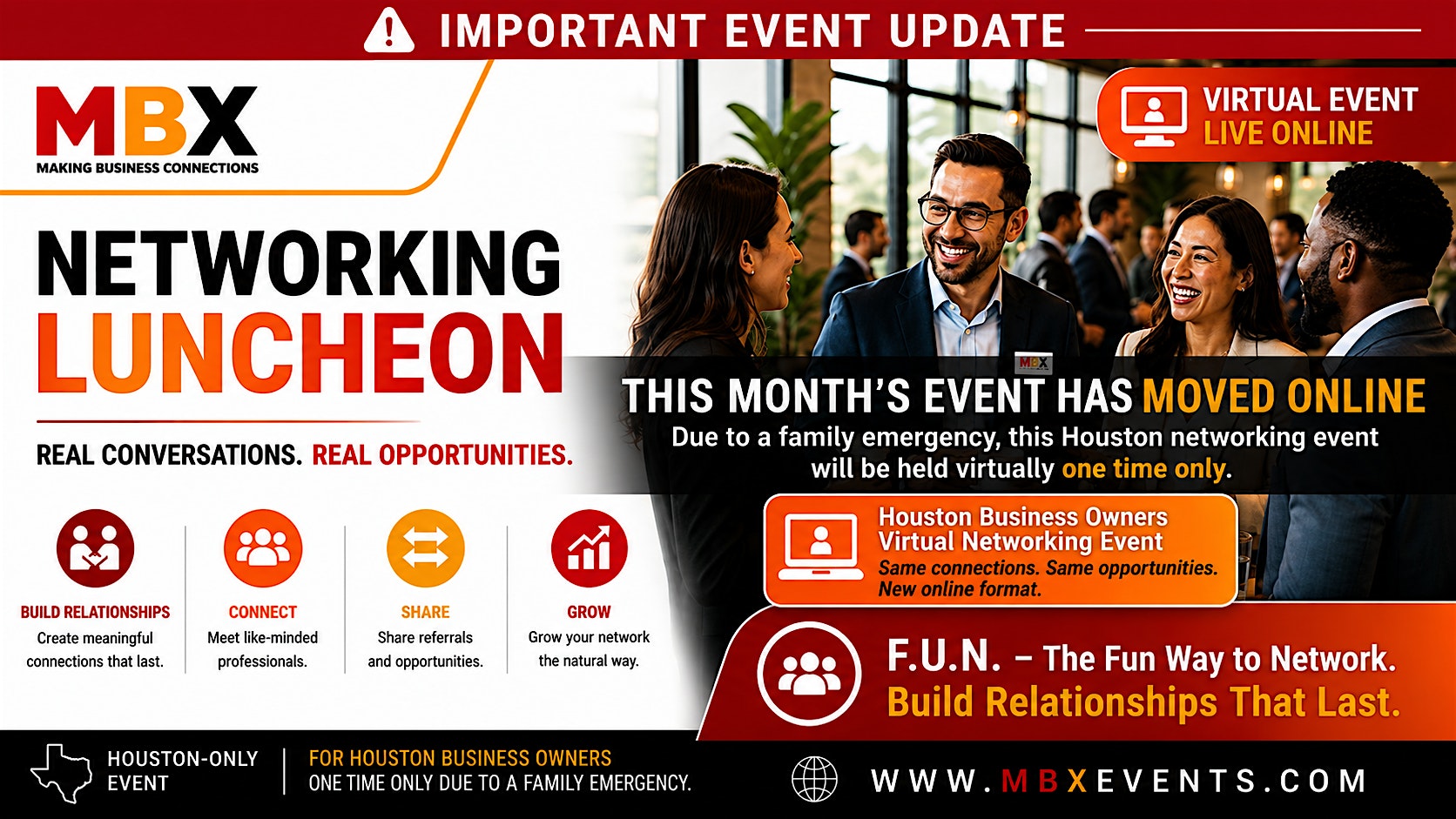8d5c5af2933670854d4fa485fc462183-HQP1uR.tmp_ Banner ad for MBX Networking Luncheon announcing the event update that it has moved online, showing a group of professionals networking and chatting in a vibrant event setting.